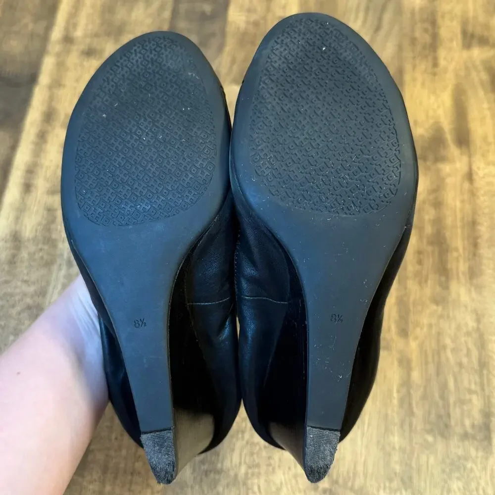 Tory Burch Jolie Ballet Wedge Leather Heel Gold Logo Round toe Black Women's 8.5